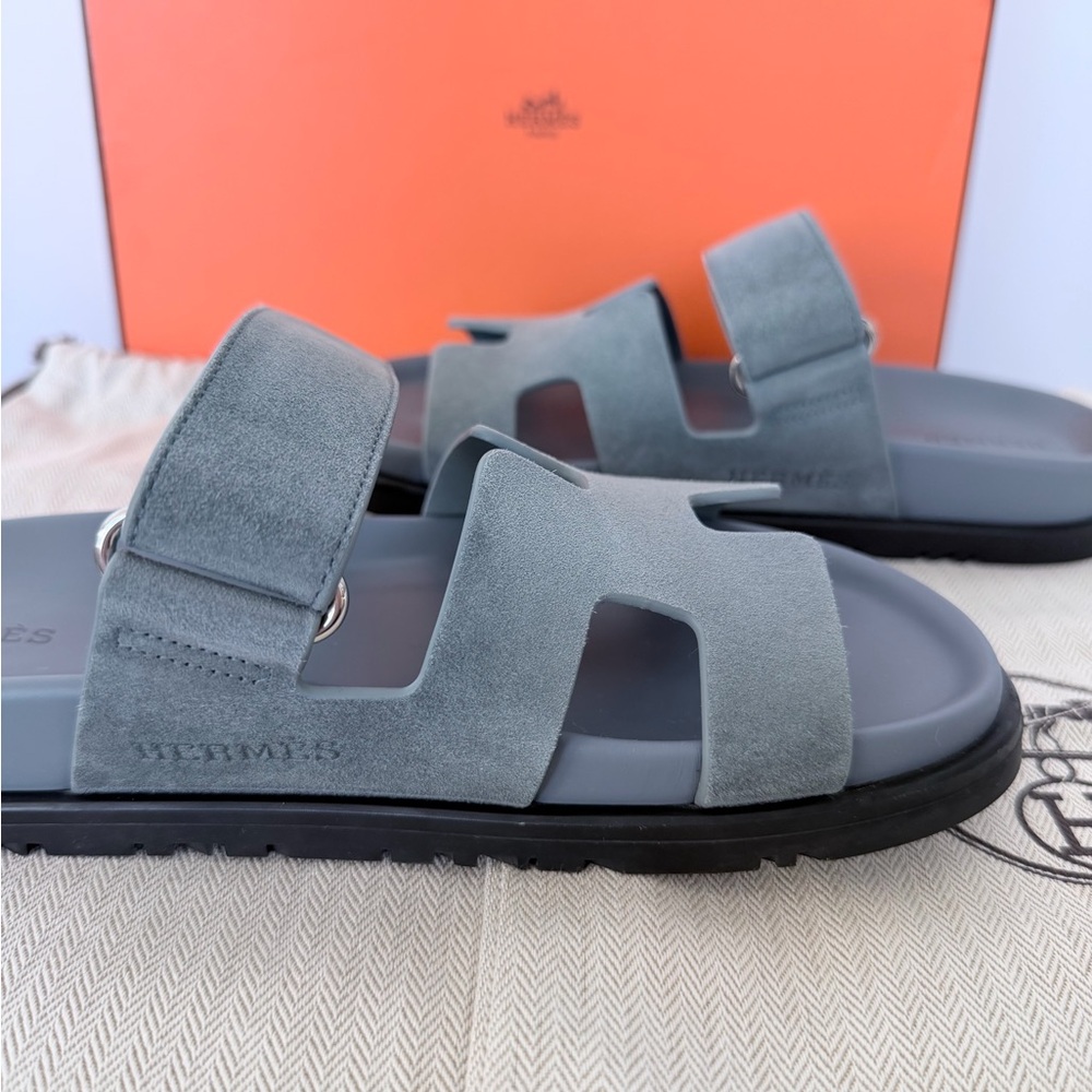 Hermes Chypre Techno Sandals Bleu Tonnerre Velvet Suede Goat Leather Size 35.5 - Picture 6 of 13